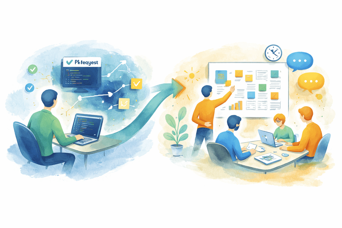 Illustration showing the shift from individual coding to team collaboration and planning