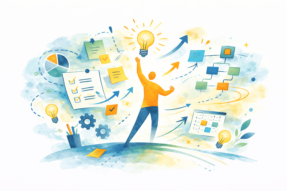 Illustration of a person surrounded by ideas, plans, and workflows