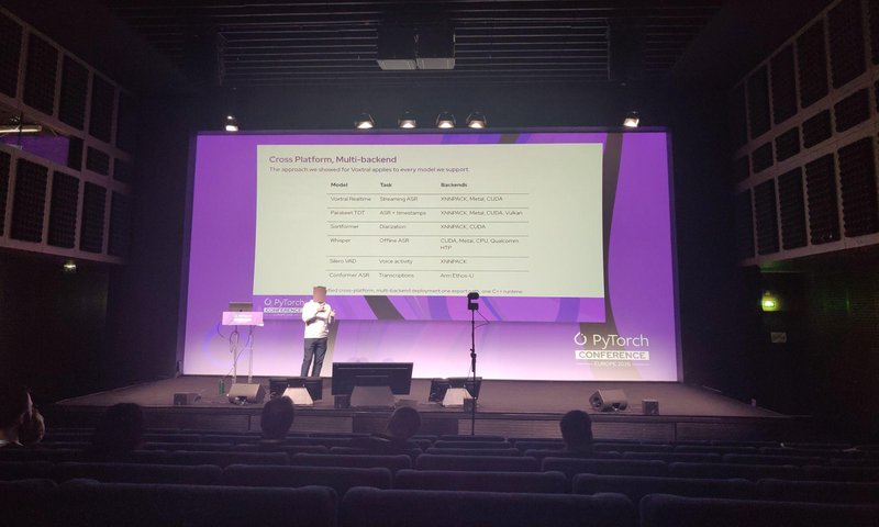 Meta presenter on stage showing ExecuTorch cross-platform multi-backend capabilities across CUDA, Metal, XNNPACK and more