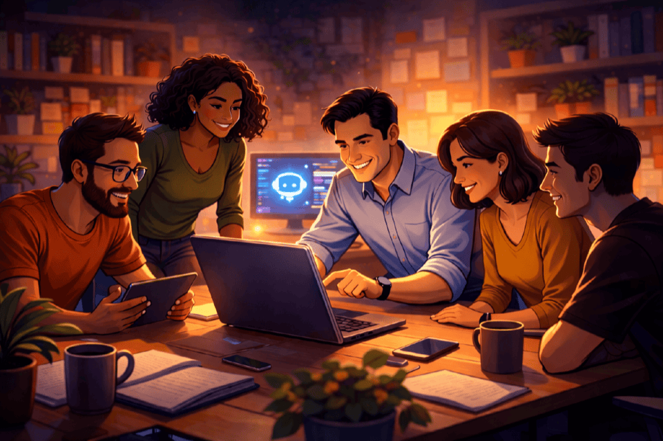 What This Means for Leaders A diverse team of five engineers gathered around a laptop and tablet, collaborating with smiles and energy, with an AI assistant visible on the monitor behind them