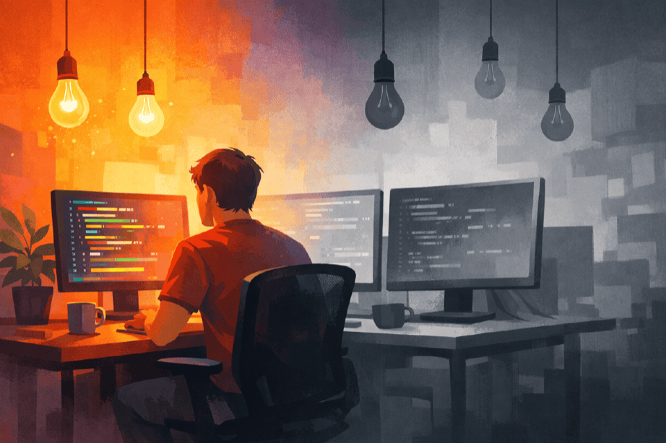 The Slow Fade An engineer at a desk with dual monitors, the left side warm and vibrant with glowing lightbulbs, the right side fading to grey with dim bulbs, illustrating how engineering excitement fades over time