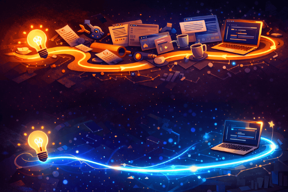 The Timeline Collapses Two paths from idea to execution: the top path cluttered and winding with obstacles, the bottom path streamlined and direct, representing how AI compresses the timeline