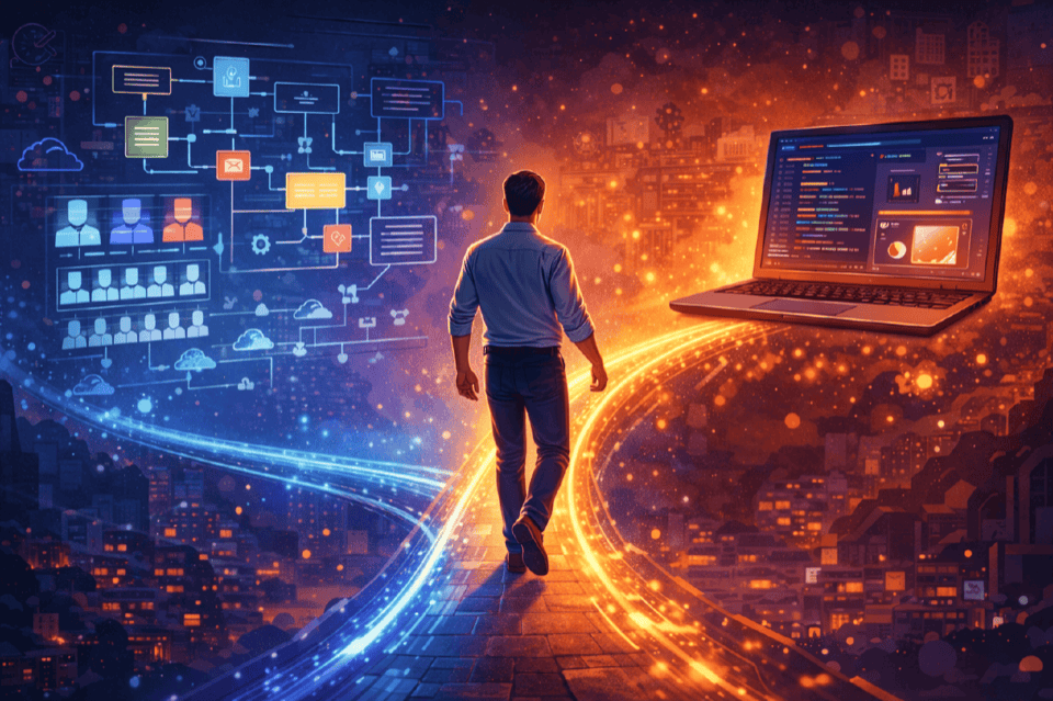 Bridging Strategy and Implementation An engineer walking along a glowing path from architectural diagrams and system charts on one side toward a laptop with a code editor on the other, bridging strategy and implementation