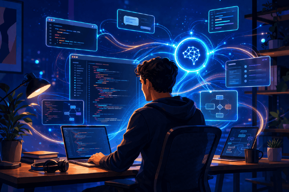 What Actually Changed An engineer at a desk surrounded by floating holographic panels showing code, diagrams, and documentation, with a glowing AI neural network at the center connecting everything