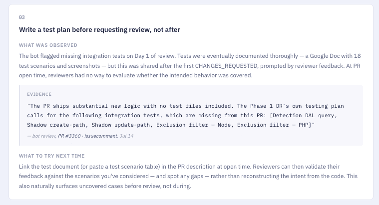 Retro report takeaway titled 'Write a test plan before requesting review, not after', with sections for what was observed, a quoted bot review comment as evidence, and what to try next time